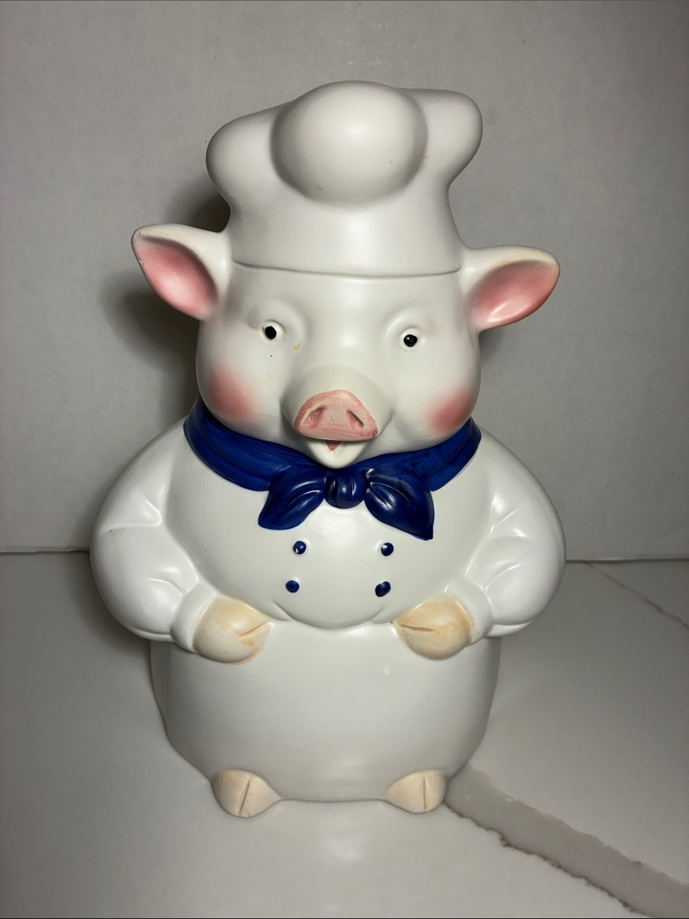Ckao White Ceramic Chef Pig Cookie Jar with Blue Scarf and Pink Accents